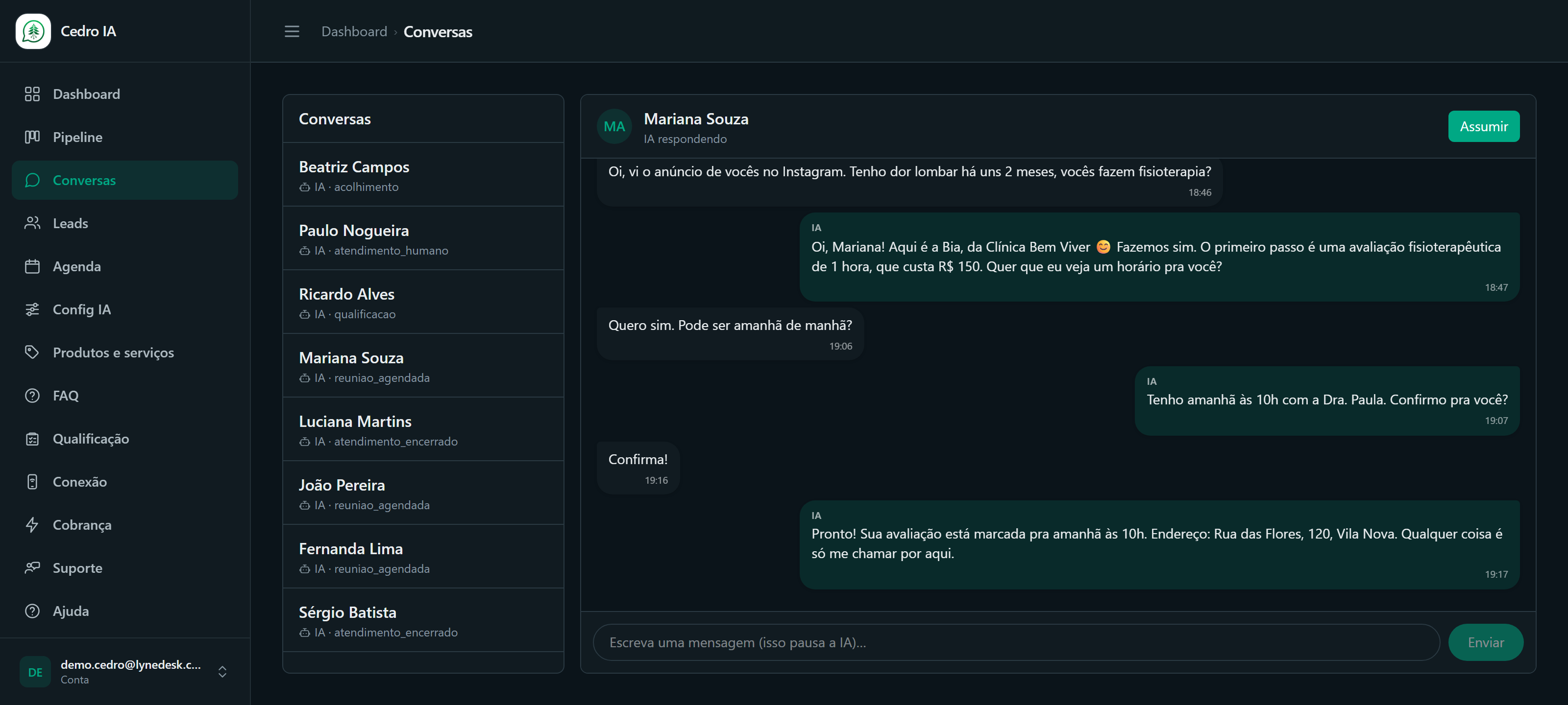 Conversa no painel do Cedro IA com a IA atendendo e agendando o cliente